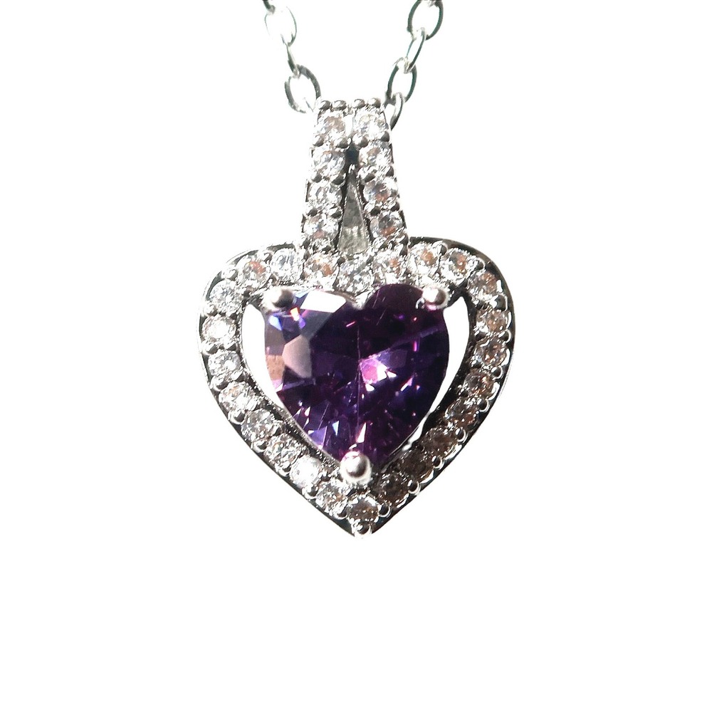 Swarovski Crystal Purple Heart Pendant Necklace Silver Tone NWT Sparkly Romantic